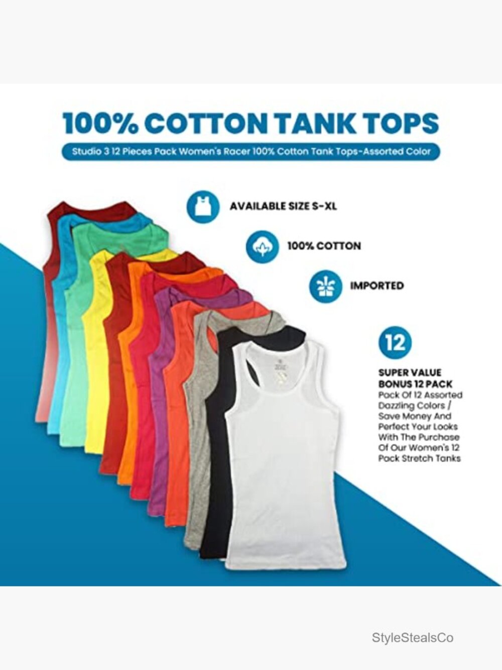 12 Pack Ribbed Cotton Slim Tank Tops - Assorted - Picture 3 of 5